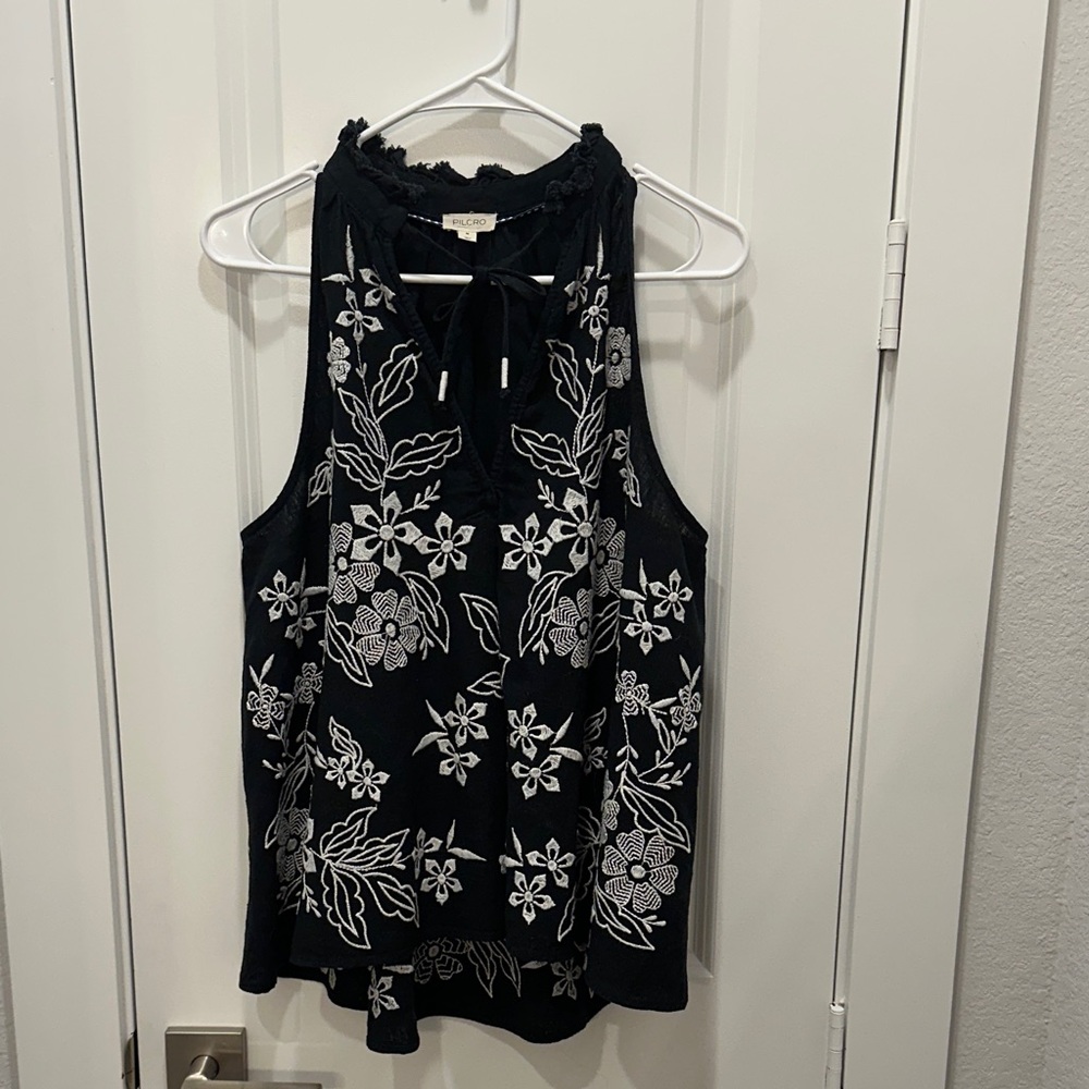 Pilcro/Anthropologie Black Halter Camisole with White Floral Embroidery